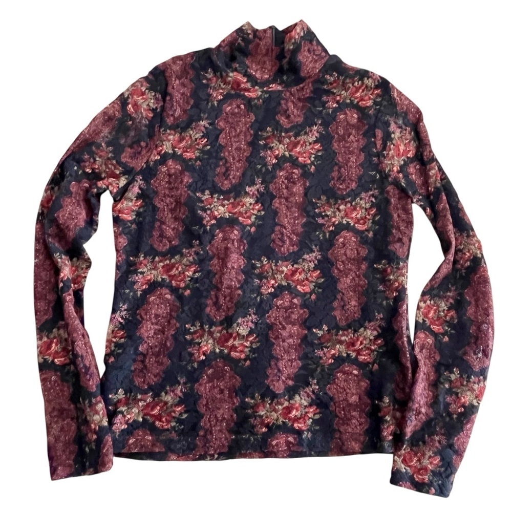 Vintage 90’s Floral Stretch Lace Mock Neck Classiques Entier — Size Medium